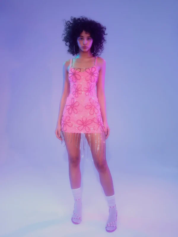 Woman For Love & Lemons Floral Rhinestone Fringe Dress
